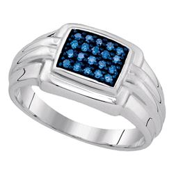 Sterling Silver Mens Round Blue Color Enhanced Diamond Cluster Ring 1/4 Cttw