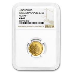 1992 Singapore 1/10 oz Gold 10 Singold Monkey MS-69 NGC