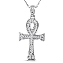 10kt White Gold Mens Round Diamond Ankh Cross Charm Pendant 1/5 Cttw