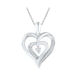 Sterling Silver Round Diamond Double Nested Heart Pendant 1/10 Cttw