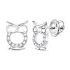 Sterling Silver Round Diamond Owl Animal Stud Earrings 1/6 Cttw