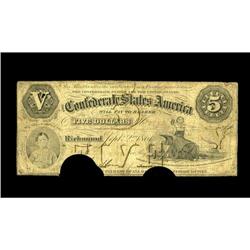 T32 $5 1861. The edges show light handling for the grad T32 $5 1861.