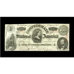 T56 $100 1863. This Crisp Uncirculated example with emb T56 $100 1863.