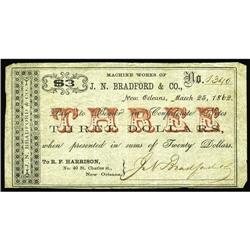 New Orleans, LA- J.N. Bradford & Co. $3 March 25, 1862H New Orleans, LA- J.N. Bradford & Co.