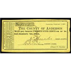 Palestine, TX County of Anderson 25¢ Feb. 1, 1863 Medla Palestine, TX- County of Anderson
