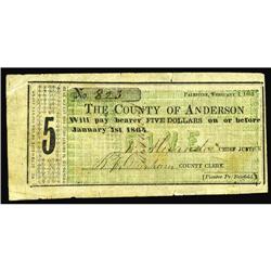 Palestine, TX - County of Anderson $5 Feb 1, 1863 Fine Palestine, TX- County of Anderson