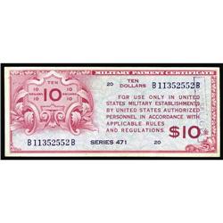 Series 471 $10 About New. A rubber stamp appears at the Series 471 $10 About New.