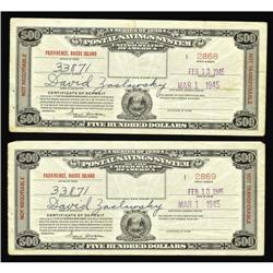 Postal Savings System Series 1939 $500 Certificates Two