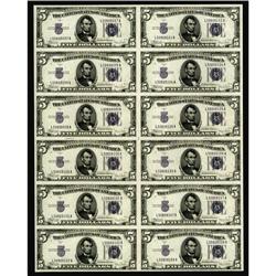 Fr. 1653 $5 1934C Silver Certificates.Uncut Sheet of 12 Fr. 1653 $5 1934C Silver Certificates. Uncut