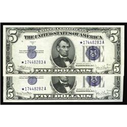 Fr. 1654*/Fr. 1653* $5 Changeover Pair Fr. 1654*/Fr. 1653* $5 1934D Wide l/1934C Silver Certificates