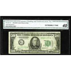 Fr. 2201-G* $500 1934 FRN. CGA Extremely Fine 40 Fr. 2201-G* $500 1934 Federal Reserve Note. CGA Ext
