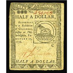 Continental Currency February 17, 1776 $1/2 Choice New. Continental Currency February 17, 1776 $1/2 
