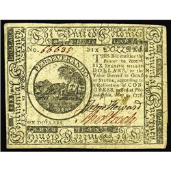 Continental Currency May 9, 1776 $6 Choice About New. A Continental Currency May 9, 1776 $6 Choice A