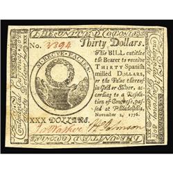 Continental Currency November 2, 1776 $30 Gem New. Beau Continental Currency November 2, 1776 $30 Ge
