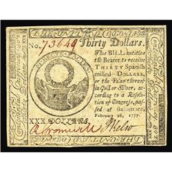 Continental Currency February 26, 1777 $30 Choice About Continental Currency February 26, 1777 $30 C