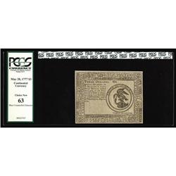 Continental Currency May 20, 1777 $3 PCGS Choice New 63 Continental Currency May 20, 1777 $3 PCGS Ch