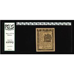 Delaware May 1, 1777 3d PCGS Choice New 63PPQ. A much s Delaware May 1, 1777 3d PCGS Choice New 63PP
