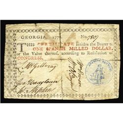 Georgia 1776 $1 Very Fine. Well-signed with a bold, blu Georgia 1776 $1 Very Fine.