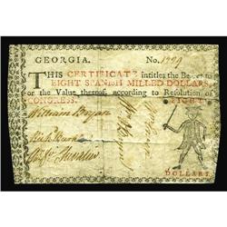 Georgia 1776 $8 Fine. A difficult note to grade. The no Georgia 1776 $8 Fine.