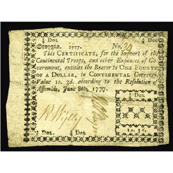 Georgia June 8, 1777 $1/4 Fine. Serial number 34 graces Georgia June 8, 1777 $1/4 Fine.