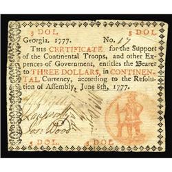 Georgia June 8, 1777 $3 Very Fine. There is a tiny inte Georgia June 8, 1777 $3 Very Fine.