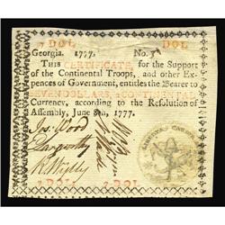 Georgia June 8, 1777 $7 Extremely Fine Restored. Intere Georgia June 8, 1777 $7 Extremely Fine Resto