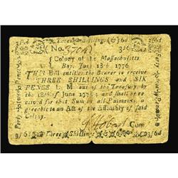 Massachusetts June 18, 1776 3s/6d Fine. A nice example Massachusetts June 18, 1776 3s/6d Fine.