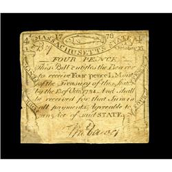 Massachusetts October 16, 1778 4d Very Fine. The note h Massachusetts October 16, 1778 4d Very Fine.