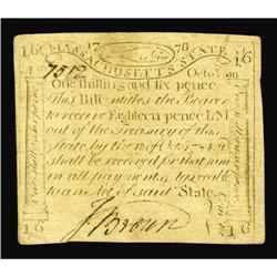 Massachusetts October 16, 1778 1s/6d Very Fine-Extremel Massachusetts October 16, 1778 1s/6d Very Fi