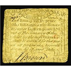 Massachusetts October 18, 1776 1s/6d Fine. An evenly ci Massachusetts October 16, 1778 1s/6d Fine.