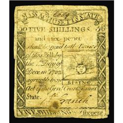 Massachusetts 1779 5s/6d Very Fine. A handsome Massachusetts 1779 5s/6d Very Fine.