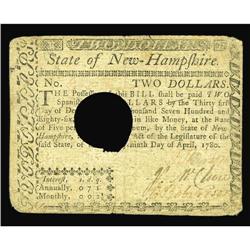 New Hampshire April 29, 1780 $2 Very Fine. Canceled New Hampshire April 29, 1780 $2 Very Fine.