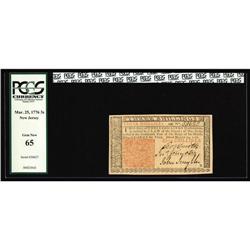 New Jersey March 25, 1776 3s PCGS Gem New 65 New Jersey March 25, 1776 3s PCGS Gem New 65.