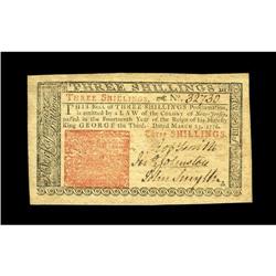 New Jersey March 25, 1776 3s Choice About New. A light New Jersey March 25, 1776 3s Choice About New