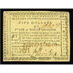 North Carolina August 8, 1778 $5 Choice New. A near-Gem North Carolina August 8, 1778 $5 Choice New.
