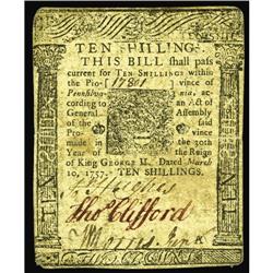 Pennsylvania March 10, 1757 10s Very Fine-Extremely Fin Pennsylvania March 10, 1757 10s Very Fine-Ex