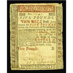 Pennsylvania April 25, 1759 L5 Fine. The paper is a tad Pennsylvania April 25, 1759 L5 Fine.