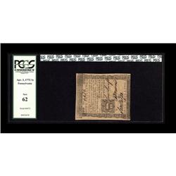 Pennsylvania April 3, 1772 1s PCGS New 62. Dark inks an Pennsylvania April 3, 1772 1s PCGS New 62.