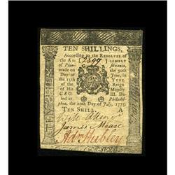 Pennsylvania July 20, 1775 10s Extremely Fine. This "A" Pennsylvania July 20, 1775 10s Extremely Fin