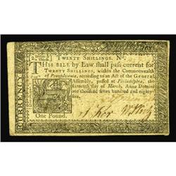 Pennsylvania March 16, 1785 20s Extremely Fine. A wide Pennsylvania March 16, 1785 20s Extremely Fin