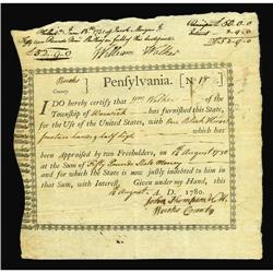 Pennsylvania Aug. 19, 1780 Promissary note. XF Pennsylvania Aug. 19, 1780 Extremely Fine.