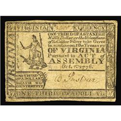 Virginia October 7, 1776 $1/3 Choice Very Fine. A tough Virginia October 7, 1776 $1/3 Choice Very Fi