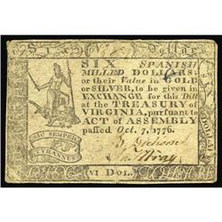 Virginia October 7, 1776 $6 Very Fine. A problem-free e Virginia October 7, 1776 $6 Very Fine.