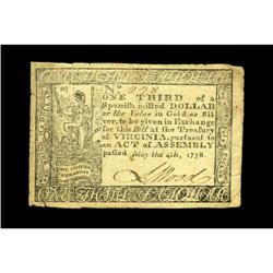 Virginia May 4, 1778 $1/3 Very Fine. This is the variet Virginia May 4, 1778 $1/3 Very Fine.