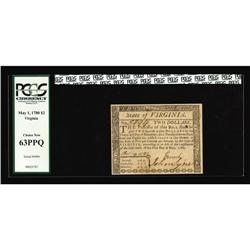 Virginia May 1, 1780 $2 PCGS Choice New 63PPQ. A gorgeo Virginia May 1, 1780 $2 PCGS Choice New 63PP