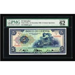 El Salvador 5 Colones Banco Occidental 1926 Specimen Pi El Salvador