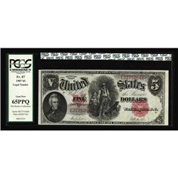Fr. 87 $5 1907 Legal Tender PCGS Gem New 65PPQ. Nicely Fr. 87 $5 1907 Legal Tender PCGS Gem New 65PP