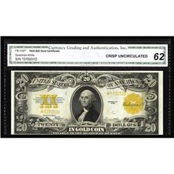 Fr. 1187 $20 1922 Gold Certificate Star CGA Crisp Uncir Fr. 1187 $20 1922 Gold Certificate Star CGA 