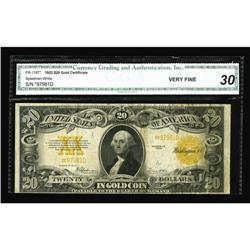 Fr. 1187* $20 1922 Gold Certificate Star CGA Very Fine Fr. 1187* $20 1922 Gold Certificate Star CGA 