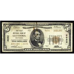 Glendora, CA - $5 1929 Ty. 2 The First NB Ch. # 8652Whi Glendora, CA